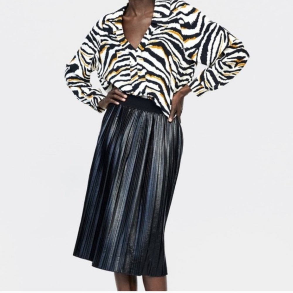 ZARA Faux Leather Pleated Midi Skirt